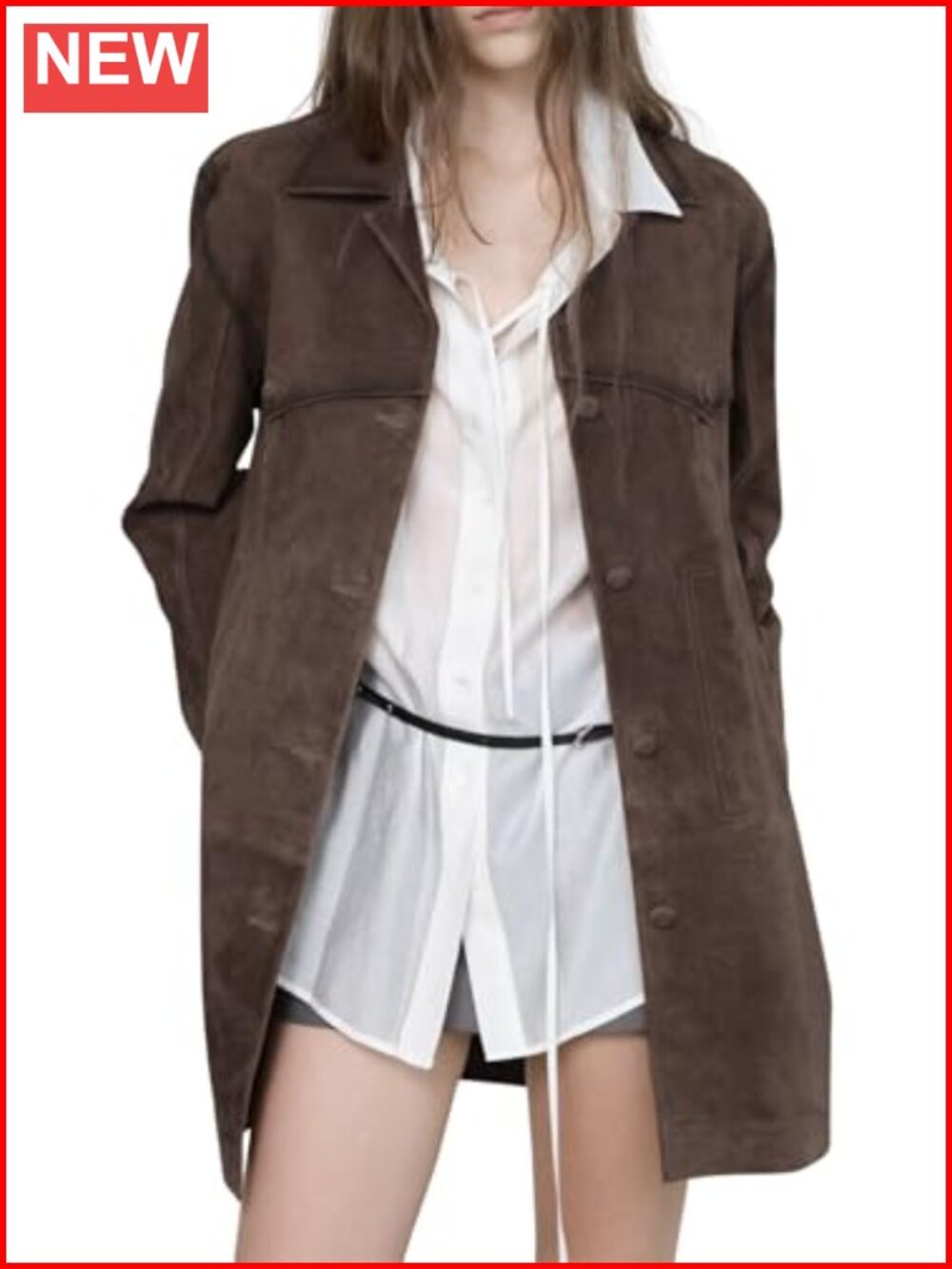 Faux Suede Leather Shacket Mid Long Button Down Jacket Coat